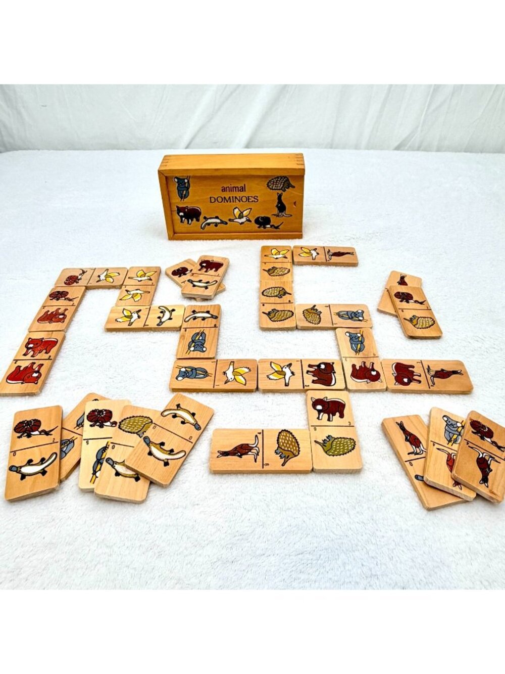 Animal Dominoes Children's Game 28 Piece Set Wooden Tiles & Box 100% Complete
